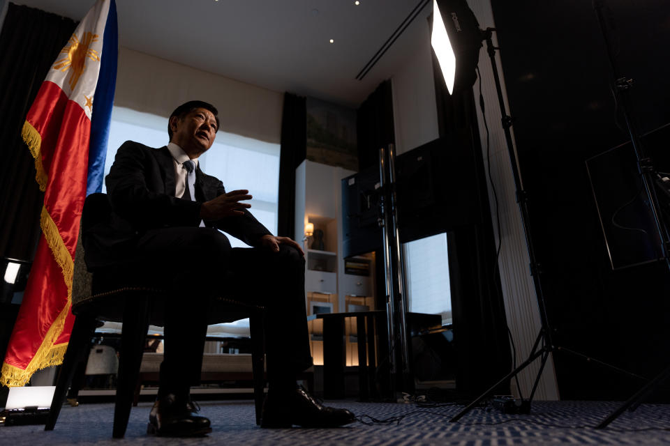 Philippine President Ferdinand Marcos Jr. speaks during an interview with The Associated Press, Friday, Sept. 23, 2022, in New York. (AP Photo/Julia Nikhinson)