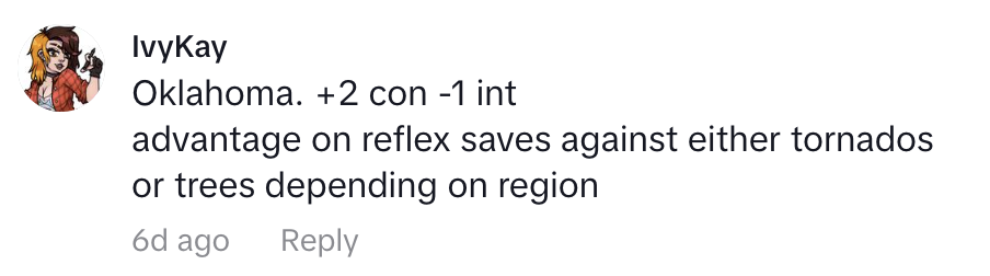 A screenshot of a text comment discussing a gaming buff specific to Oklahoma regarding reflex saves against tornados or trees