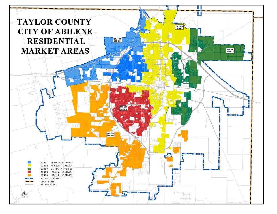 Expected 2022 increases in preliminary home values from the Central Appraisal District of Taylor County, by geographic location.