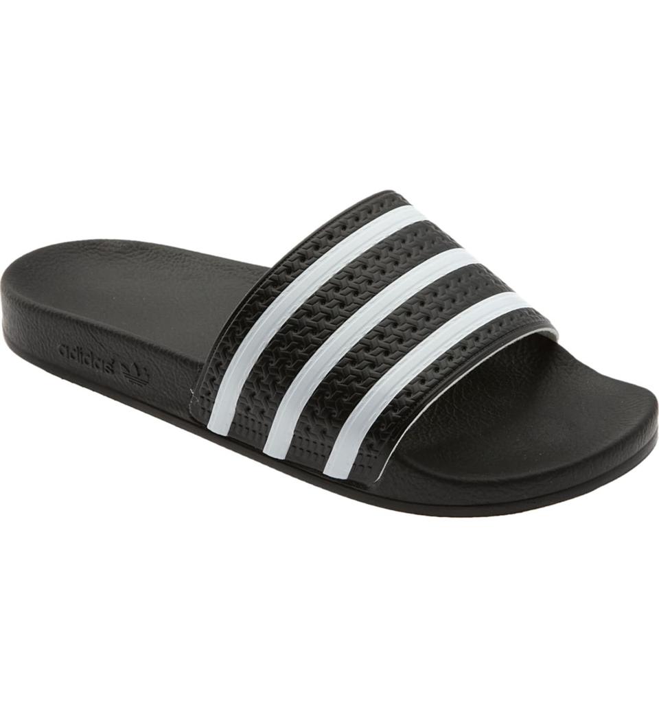 adidas Adilette Stripe Sport Slide in black and white