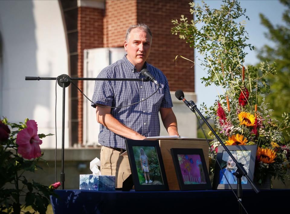 Cedar Falls mayor Rob Green shares memories of Tyler and Sarah Schmidt, who were shot and killed at Maquoketa Caves State Park last month along with their 6-year-old daughter, Lula, during a celebration of life service on Tuesday, Aug. 2, 2022, in Cedar Falls.