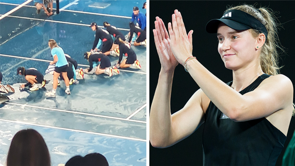 Australian Open ball kids (pictured left) cleaning Rod Laver Arena and (pictured right) Elena Rybakina thanking the fans.