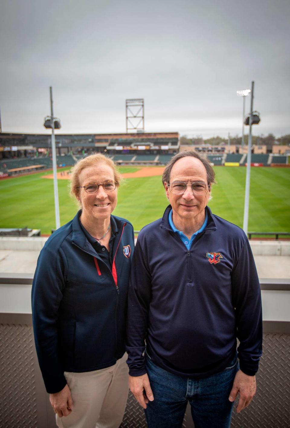 Former Wichita Wind Surge partners Jane Schwechheimer and Jordan Kobritz are pictured before a day game at Riverfront Stadium last year. Kobritz and Schwechheimer led the ball club starting after the 2020 COVID-19 death of Lou Schwechheimer, Jane Schwechheimer’s husband and the team’s founder. In January of this year, Diamond Baseball Holdings purchased the team.