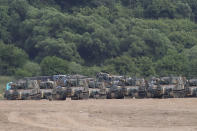 South Korean army's K-55 self-propelled howitzers are seen at the border with North Korea, South Korea, Tuesday, June 16, 2020. North Korea blew up an inter-Korean liaison office building just inside its border in an act Tuesday that sharply raises tensions on the Korean Peninsula amid deadlocked nuclear diplomacy with the United States. (AP Photo/Ahn Young-joon)