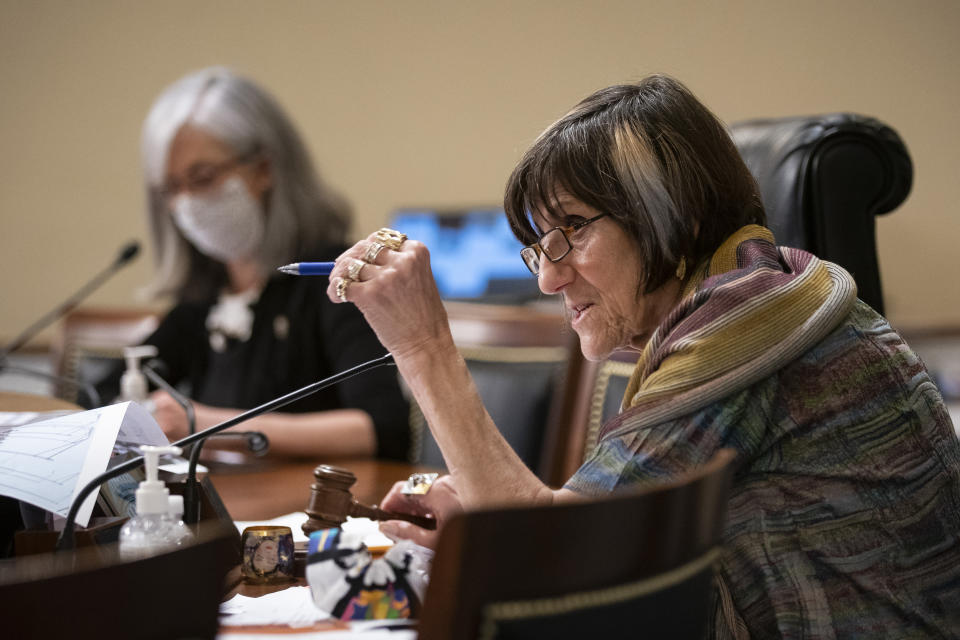 Rep. Rosa DeLauro, D-Conn., speaks during a Labor, Health and Human Services, Education, and Related Agencies Appropriations Subcommittee hearing about the COVID-19 response on Capitol Hill in Washington, Thursday, June 4, 2020. (Al Drago/Pool via AP)