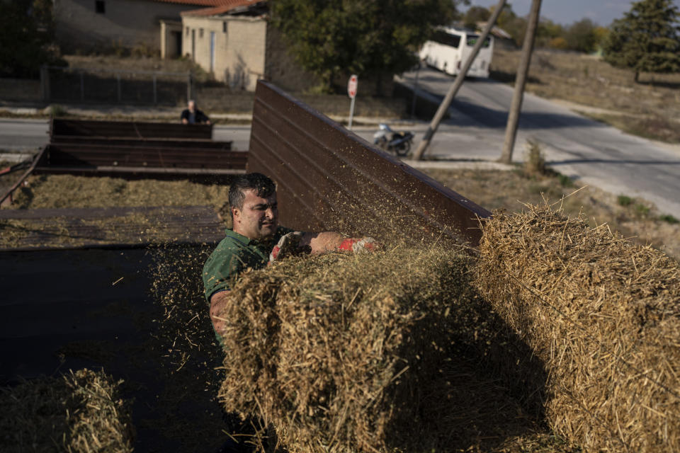 Farm worker Stavros Lazaridis loads bales of hay onto a truck near the village of Poros in the Greek side of the border with Turkey on Monday, Oct. 31, 2022. Greece is planning a major extension of border wall in the region to fight a surge in illegal migration. (AP Photo/Petros Giannakouris)