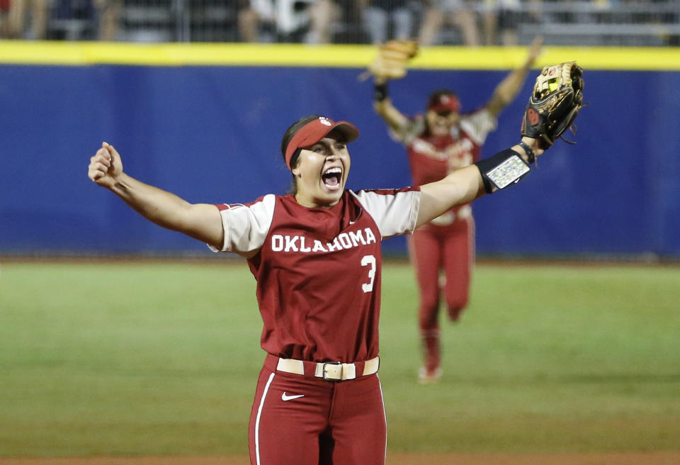 Oklahoma shortstop Grace Lyons (3) celebrates after making a catch for the final out against UCLA in an NCAA Women's College World Series softball game Saturday, June 5, 2021, in Oklahoma City. (AP Photo/Alonzo Adams)