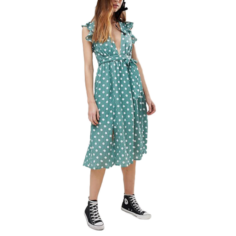 <a rel="nofollow noopener" href="https://rstyle.me/n/cyd79ychdw" target="_blank" data-ylk="slk:Glamorous Sleeveless Midi Dress With Flutter Sleeves In Polka Dot, ASOS, $72;elm:context_link;itc:0;sec:content-canvas" class="link ">Glamorous Sleeveless Midi Dress With Flutter Sleeves In Polka Dot, ASOS, $72</a>