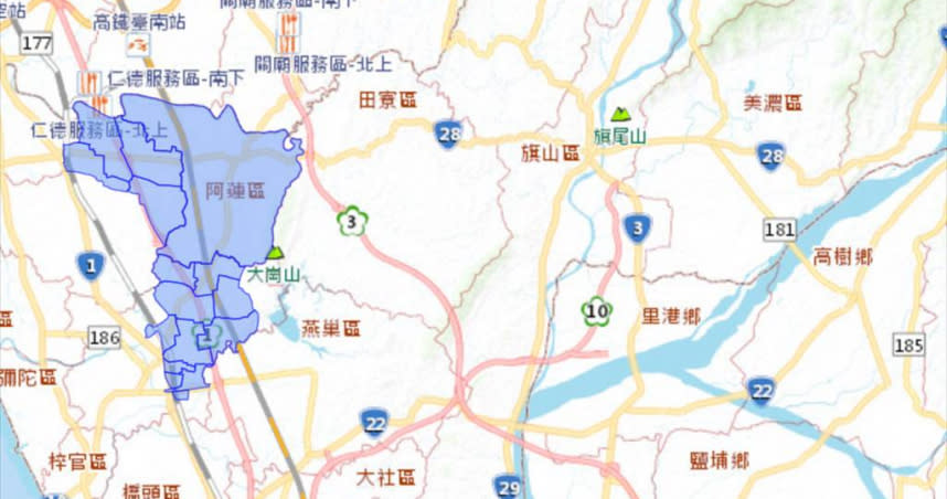 北高雄包含岡山、路竹與阿蓮區將於18日晚間8時至19日上午8時停水。（圖／翻攝自台水七區處網頁）