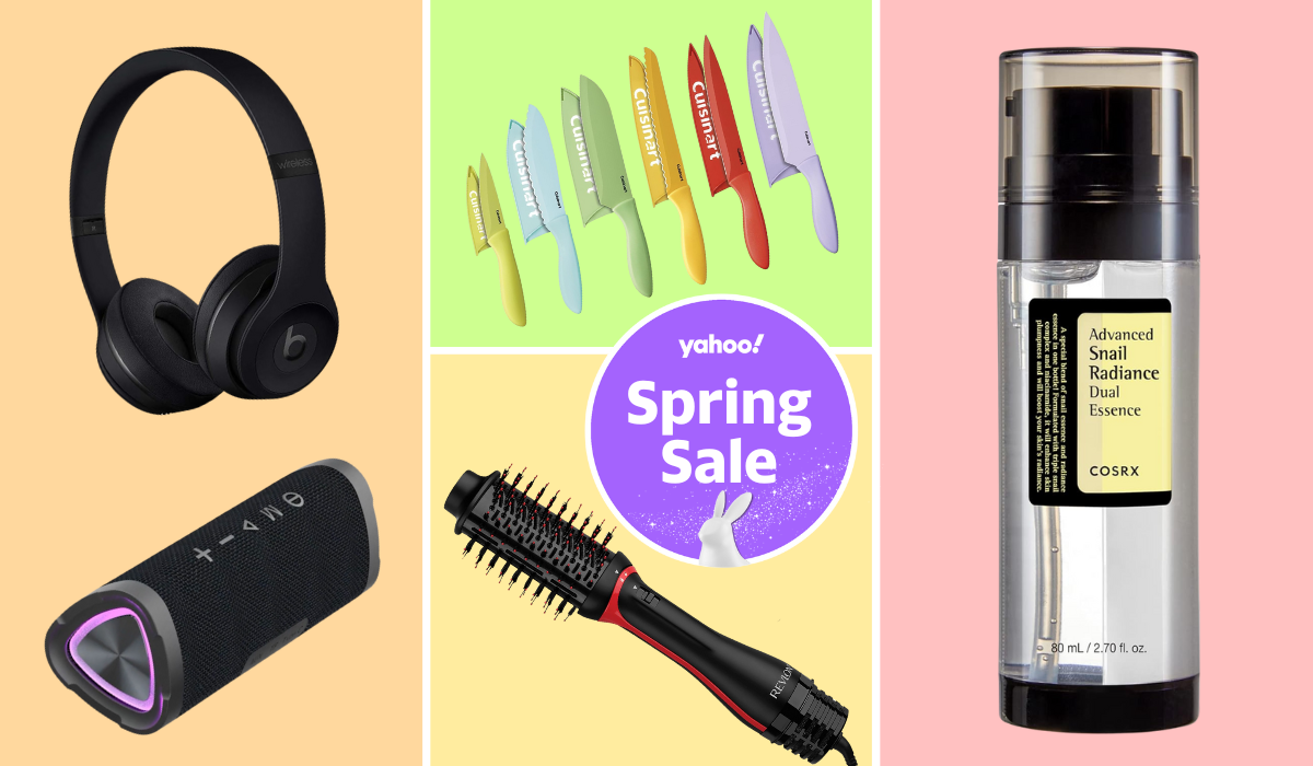 black over ear headphones, black portable speaker, cuisinart knife set, hot brush hair dryer, skin serum bottle