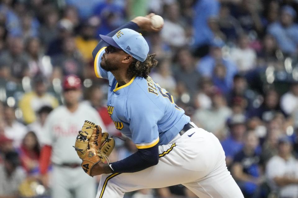 Milwaukee Brewers starting pitcher Freddy Peralta throws during the first inning of a baseball game against the Philadelphia Phillies Friday, Sept. 1, 2023, in Milwaukee. (AP Photo/Morry Gash)