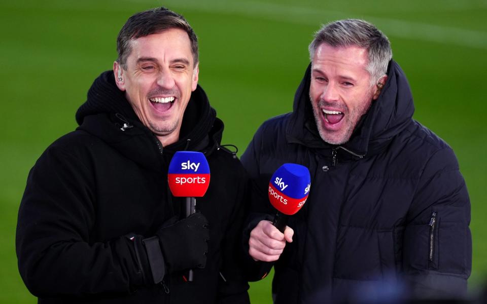 Gary Neville (left) and Jamie Carragher ahead of a Premier League match at the Gtech Community Stadium - Pep Guardiola hits out at Carragher, Neville and Richards for accusing Man City of complacency