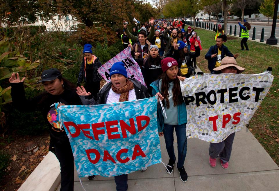 Demonstrators who marched from New York City to Washington, D.C., arrive in front of the U.S. Supreme Court on Nov. 10, 2019, to support the Deferred Action for Childhood Arrivals (DACA) program and Temporary Protected Status (TPS).