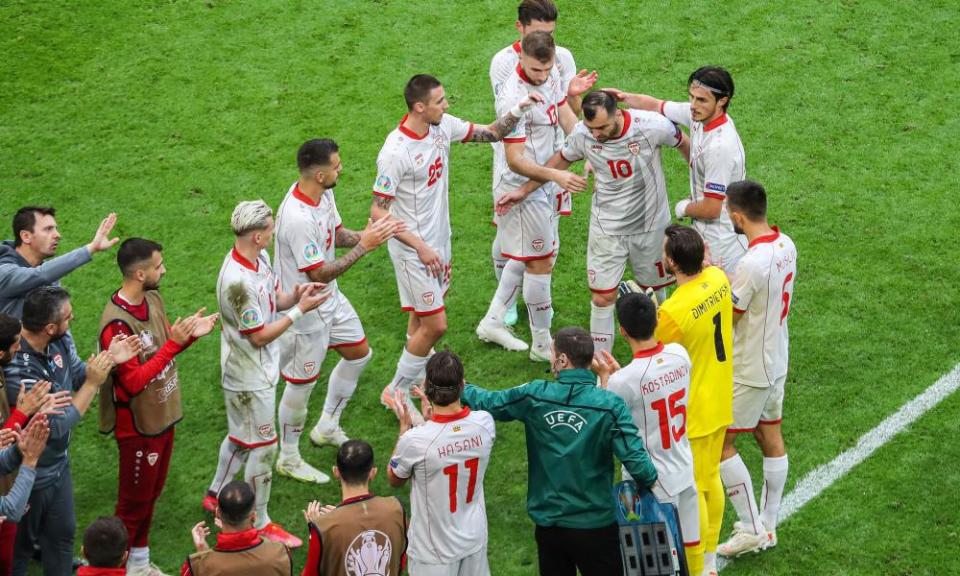 Goran Pandev receives a guard of honour from his teammates after being substituted on his final appearance for North Macedonia.