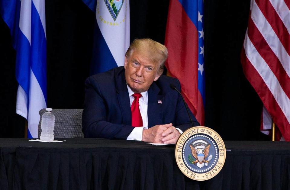 U.S President Donald J. Trump listens as a group of members from the Venezuelan and the Cuban Exile communities talk about the situation in their countries under socialists regimes during a meeting at Iglesia Doral Worship center Church in Doral after he visited he U.S. Southern Command, on Friday, July 10, 2020.