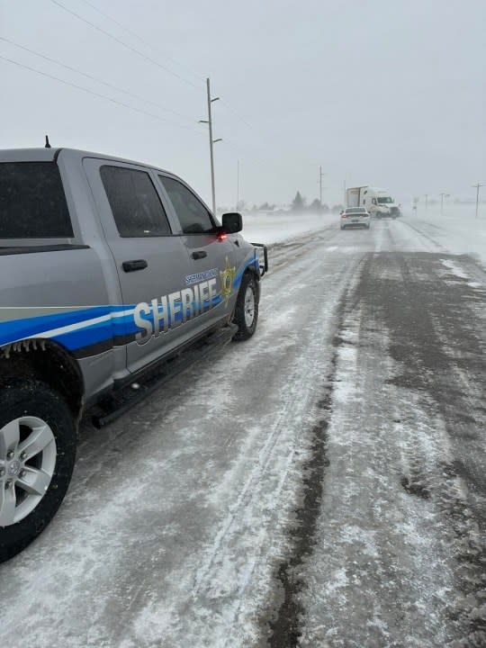 A truck blocks Highway 24 at Road 11 in Sherman County on March 25, 2024. (Courtesy Sherman County Sheriff's Office)