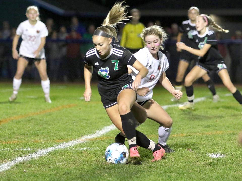 Colchester's Ava Moore controls the ball during the Lakers 1-0 loss to CVU in 2022.