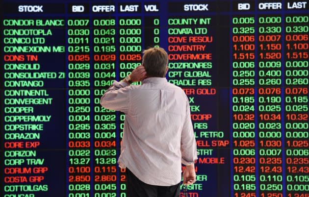 The indicator board at the Australian Stock Exchange (ASX) in Sydney on Friday, April 1, 2016. (AAP Image/Mick Tsikas) NO ARCHIVING