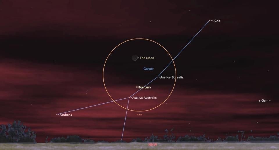 Un ciel brumeux rouge montre des étoiles avec le contour d'un cercle orange flottant au centre. Une image bifurquée de lignes bleues reliant les étoiles dans le ciel à travers le cercle. Également à l'intérieur du cercle, un petit croissant de lune et un point étiqueté Mercure.