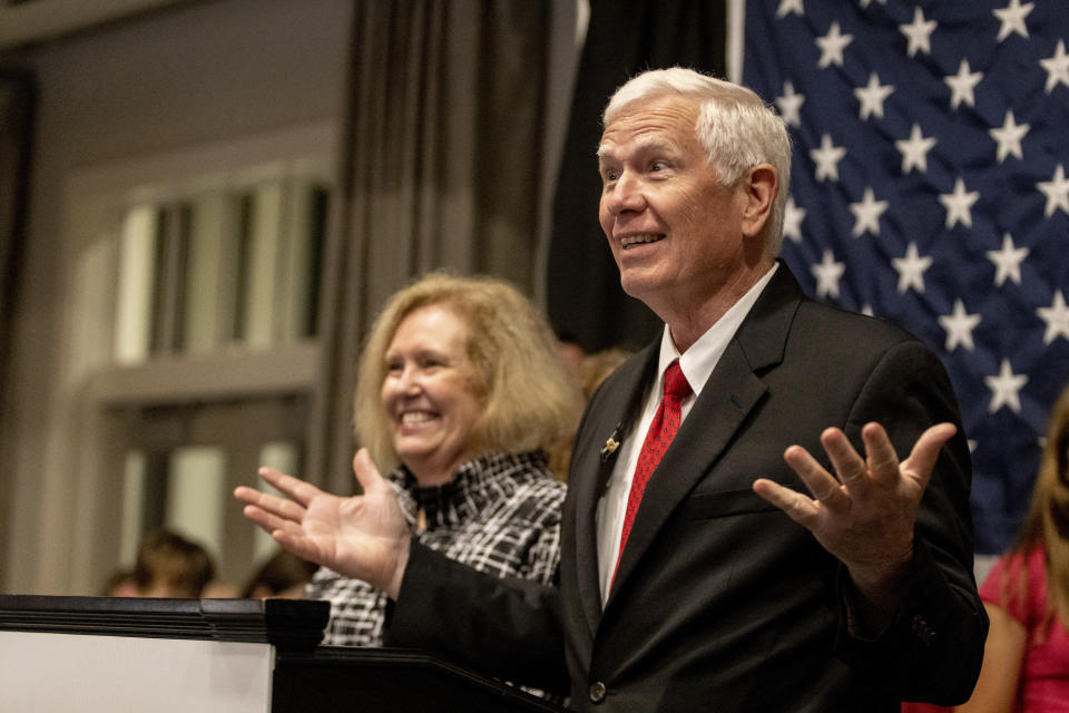 Mo Brooks speaks to supporters at his watch party for the Republican nomination for U.S. Senator of Alabama at the Huntsville Botanical Gardens, Tuesday, May 24, 2022, in Huntsville, Ala. (AP Photo/Vasha Hunt)