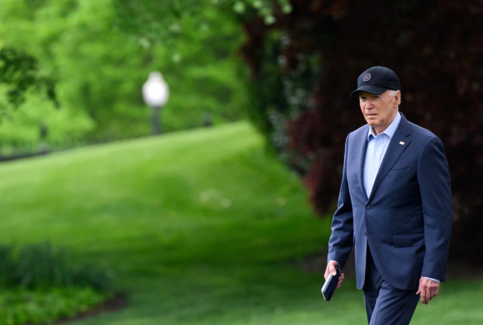 US President Joe Biden boards Marine One from the South Lawn of the White House, in Washington, DC, on April 19, 2024, as he departs for Wilmington, Delaware.