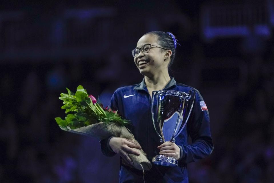 First place all around winner Morgan Hurd of the United States poses for a pitcure after the America Cup gymnastics competition Saturday, March 7, 2020, in Milwaukee. (AP Photo/Morry Gash)