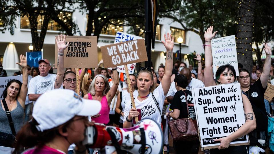 PHOTO: In this June 24, 2022, file photo, abortion rights advocates gather at a rally and overnight sit-in at Five Points Park in Sarasota, Fla.  (The Washington Post via Getty Images, FILE)