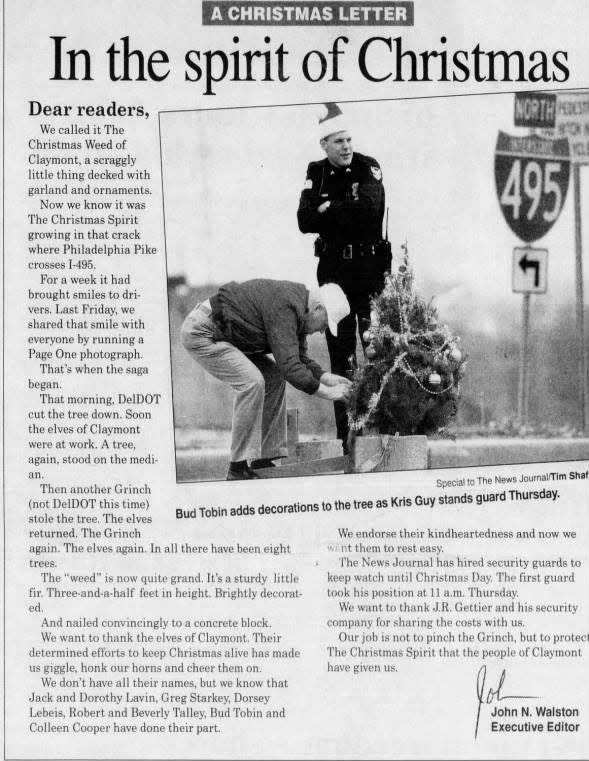 The News Journal's then executive editor had a security guard to watch over the Claymont Christmas Weed in December 1993 after it was stolen several times. Thirty years later, the Christmas Weed is still celebrated in Claymont.