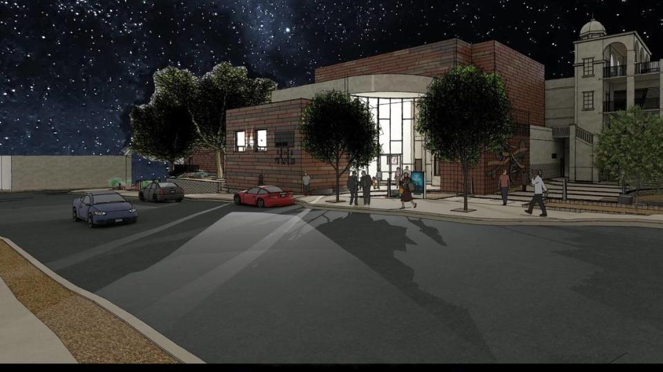 SLO Rep has revised plans for its new downtown theater on Monterey and Nipomo streets to encompass a smaller one-story building with a mainstage theater and black box theater. The new building is expected to draw 50,000 patrons a year. A rendering shows the front entrance to the theater.