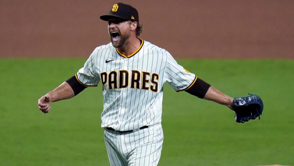 Mandatory Credit: Photo by Gregory Bull/AP/Shutterstock (10842573ac)San Diego Padres relief pitcher Trevor Rosenthal celebrates after the Padres defeated the St.