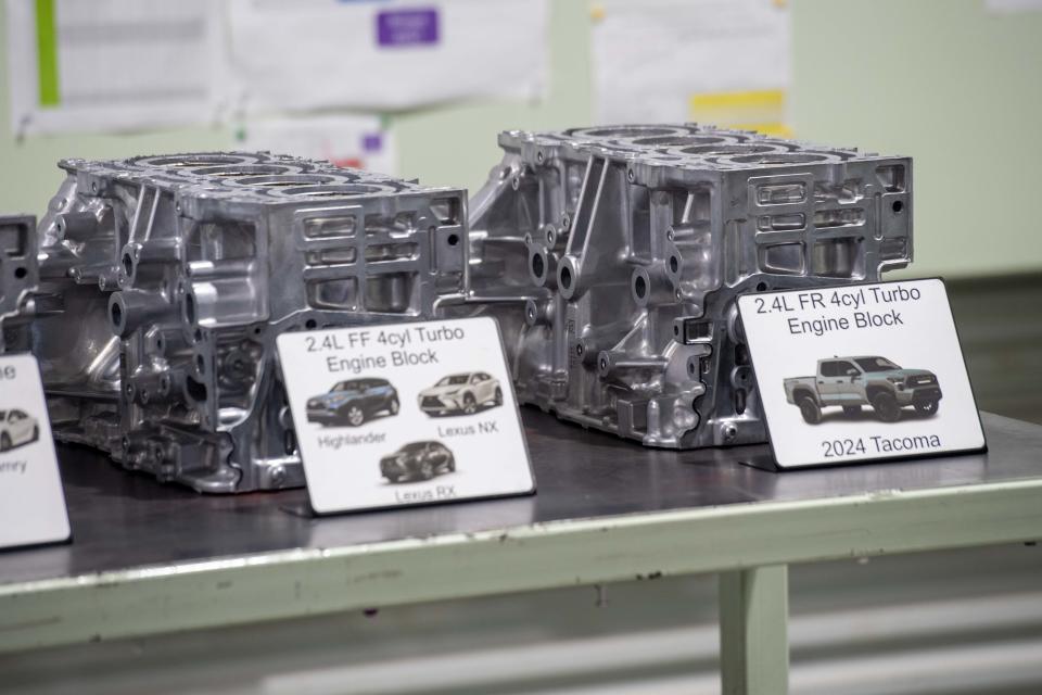A lineup of different engine blocks made inside the Jackson Toyato plant on display during a tour in Jackson, Tenn., on Friday, Nov. 3, 2023.