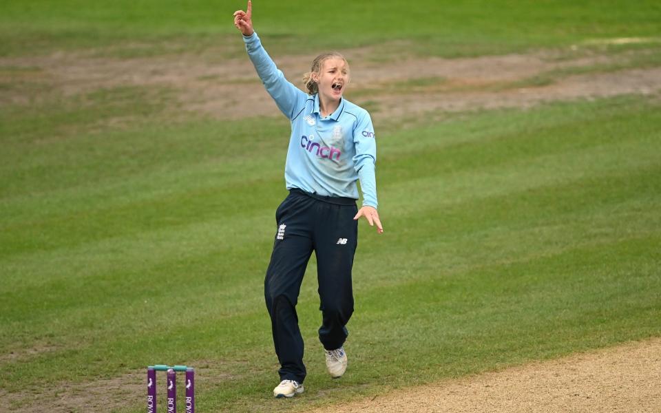 Charlie Dean of England celebrates taking the wicket of Leigh Kasperek of New Zealand during the 2nd One Day International match - Getty Images