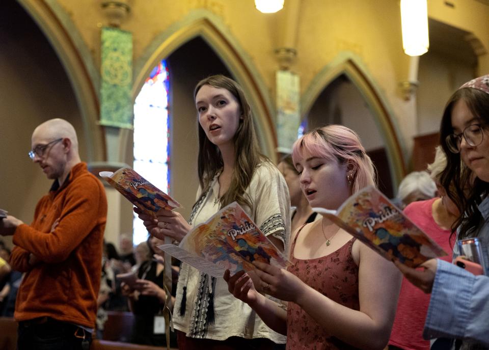 Attendees sing “For Everyone Born” during the Utah Pride Interfaith Coalition Interfaith Service at the First Baptist Church in Salt Lake City on Wednesday, May 31, 2023. | Laura Seitz, Deseret News