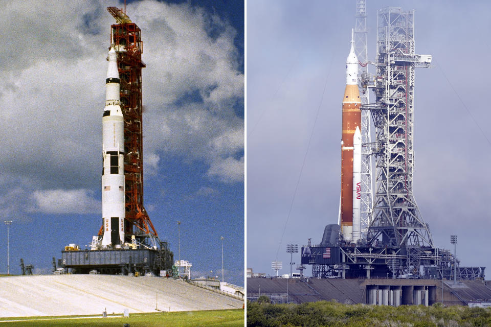 This combination of photos shows the Saturn V Rocket with the Apollo 12 spacecraft aboard on the launch pad at the Kennedy Space Center in 1969, left, and the Artemis rocket with the Orion spacecraft aboard at the Kennedy Space Center in Cape Canaveral, Fla., on March 18, 2022. Liftoff for Artemis is set for Monday, Aug. 29, 2022. Years late and billions over budget, NASA’s new moon rocket makes its debut in a high-stakes test flight before astronauts get on top. (AP Photo)