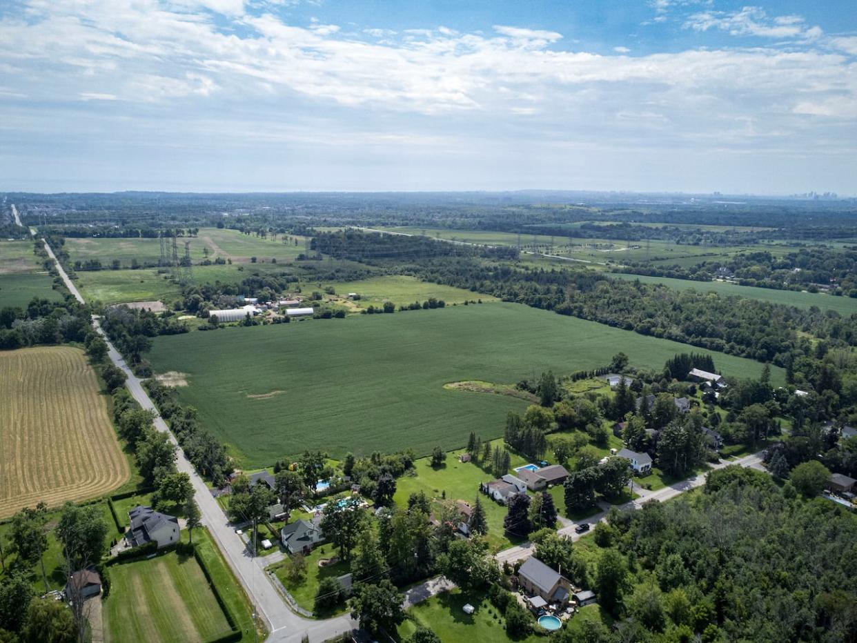 The hamlet of Cherrywood, located in Pickering, Ont., inside the Duffins Rouge Agricultural Preserve, on land that was removed from the Greenbelt last December. Tacc Developments is working on plans for a subdivision south of here that would include a minimum of 1,200 housing units. (Evan Mitsui/CBC - image credit)