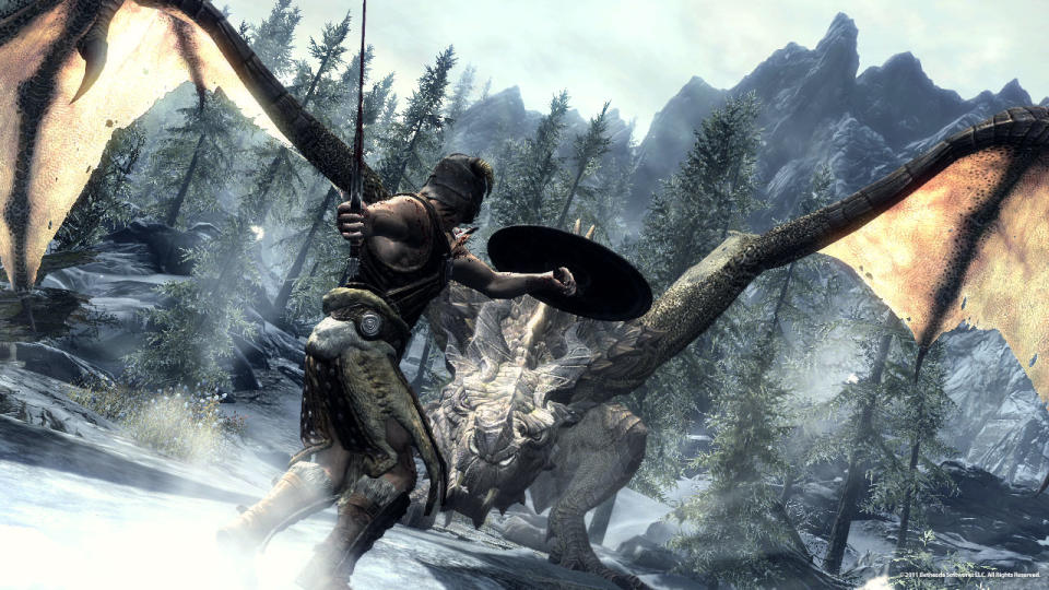 In this video game image released by Bethesda Softworks, a Dragonborn hero battles one of the flying lizards in "The Elder Scrolls V: Skyrim." The mind-bending sci-fi puzzler "Portal 2" and sweeping fantasy role-playing game "The Elder Scrolls V: Skyrim" lead the nominees at the 12th annual Game Developers Choice Awards with five nominations each, including game of the year. (AP Photo/Bethesda Softworks)