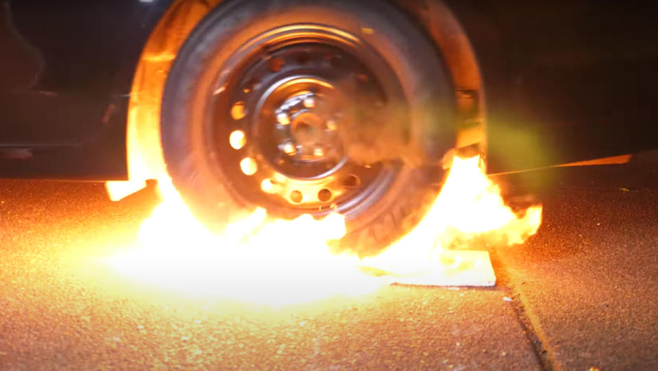 A tire on fire after it's run over a dollop of molten lava.