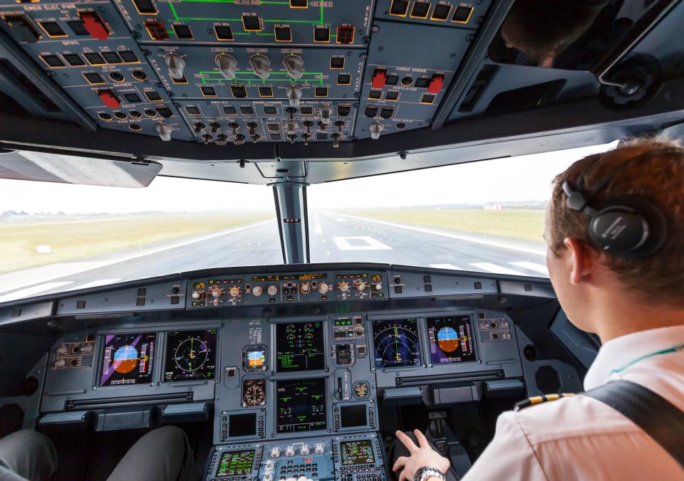 View from cockpit on Airbus 320 taking off from Dublin Airport.  - Credit: Alamy / Pictorman 