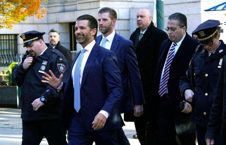 Donald Trump  Jr. and Eric Trump arrive at New York Supreme Court on Nov. 2, 2023. / Credit: TIMOTHY A. CLARY/AFP via Getty Images