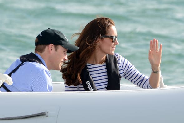 The Duke and Duchess of Cambridge travel across Auckland Harbour in a 'Sealegs' craft during the fifth day of their official tour to New Zealand. PRESS ASSOCIATION Photo. Picture date: Friday April 11, 2014. Photo credit should read: Anthony Devlin/PA Wire