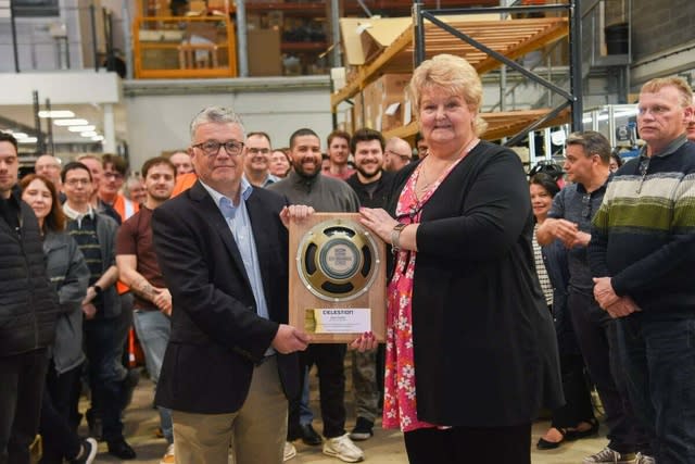 Dee Potter is awarded for her 50th year with Celestion.