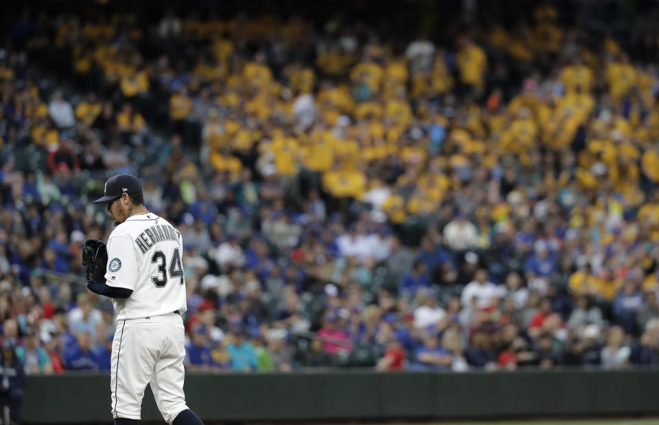 Felix Hernandez’s status in the Mariners’ rotation is up in the air. (AP Photo)