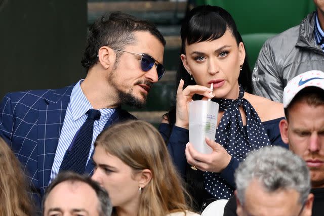 <p>Karwai Tang/WireImage</p> Orlando Bloom and Katy Perry at Wimbledon on July 5, 2023