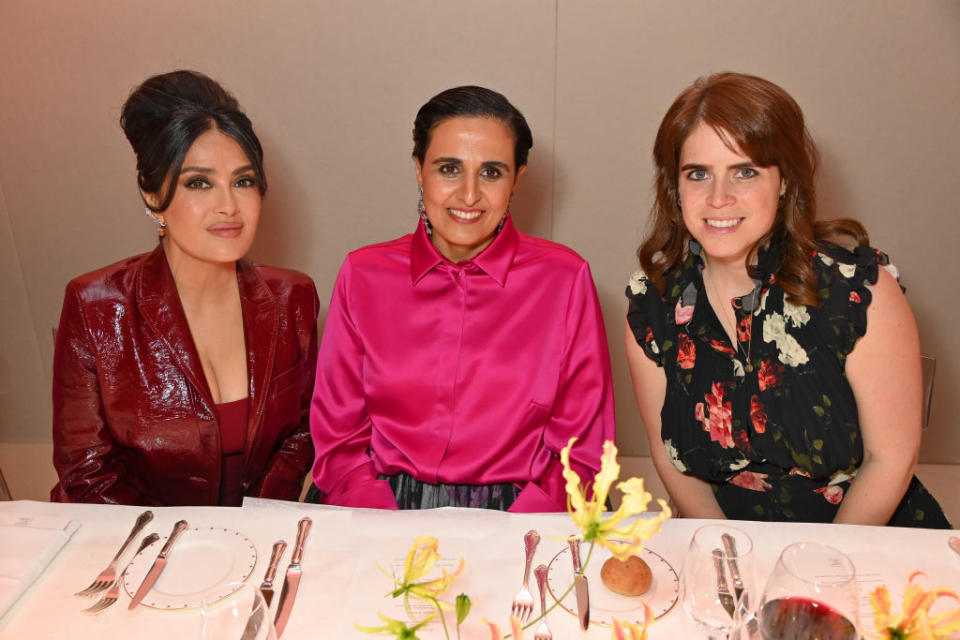 Salma Hayek, Sheikha Al-Mayassa bint Hamad bin Khalifa Al Thani and Princess Eugenie of York at the Fashion Trust Arabia London dinner in celebration of the FTA 2023 winners, at Claridges Hotel in London.