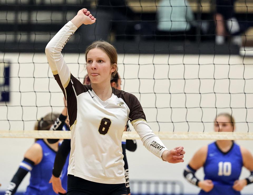 Crockett's Sadie Peyton, celebrating a volleyball point against Georgetown, made varsity in three sports as a freshman this year. She went to tour the sites in New York City with a theater group last year.
