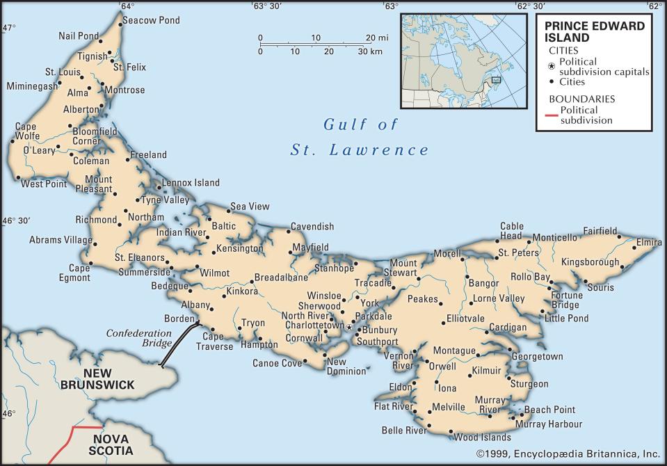 A map of Prince Edward Island, Canada.  Human remains were found on a beach in West Cape in the western part of the province this past weekend, according to the Royal Mounted Canadian Police.  / Credit: Encyclopaedia Britannica/UIG Via Getty Images