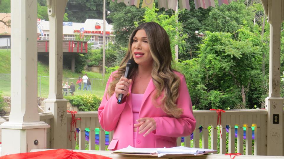 Daniella Mendez of Dover speaks during the second-annual Boonton Rainbow Pride event drew hundreds to Boonton on Saturday.