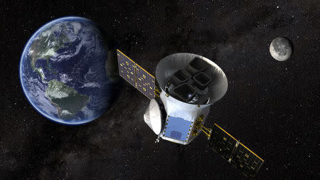 TESS, the Transiting Exoplanet Survey Satellite, is shown in this conceptual illustration obtained by Reuters on March 28, 2018. NASA plans to send TESS into orbit from the Kennedy Space Center in Florida aboard a SpaceX Falcon 9 rocket set for blastoff sometime between April 16 and June on a two-year mission. NASA's Goddard Space Flight Center/Handout via REUTERS