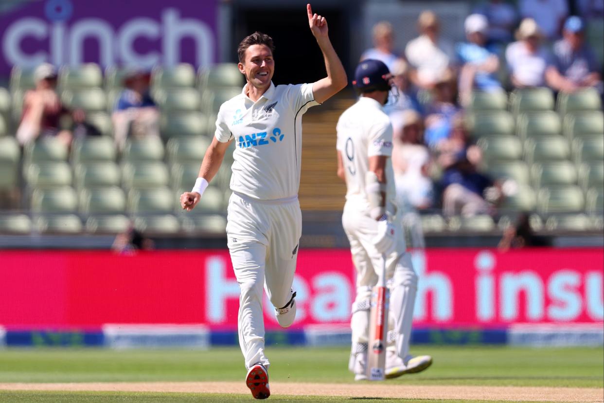 Trent Boult celebrates the wicket of Olly Stone, first ball of the day (Getty Images)