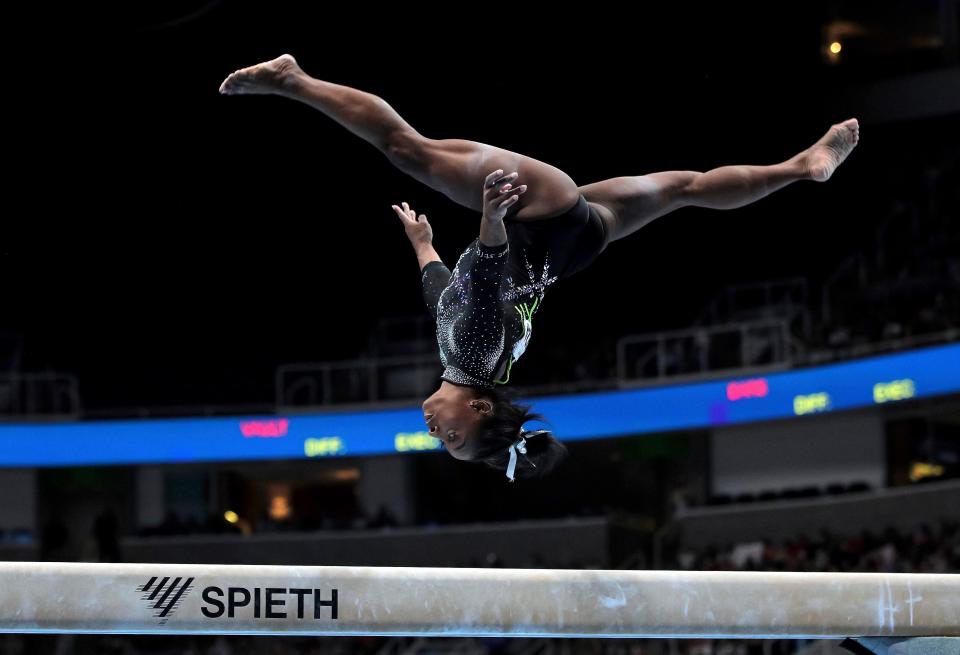 Simone Biles competes on the beam during the U.S. Gymnastics Championships, Sunday, Aug. 27, 2023, in San Jose, California.